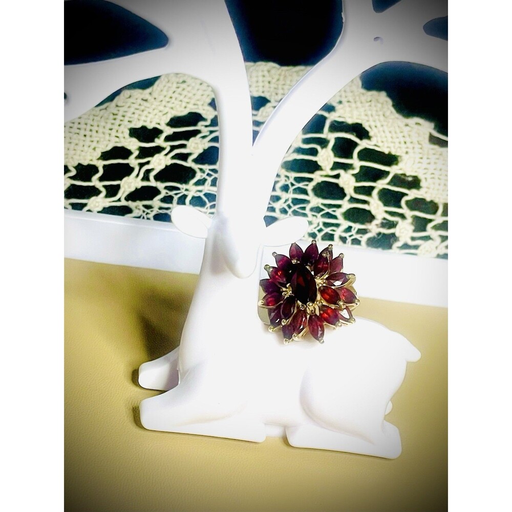 Vermeil (12k Over 925) Garnet Floral Cluster Cocktail Ring Size 5 3/4